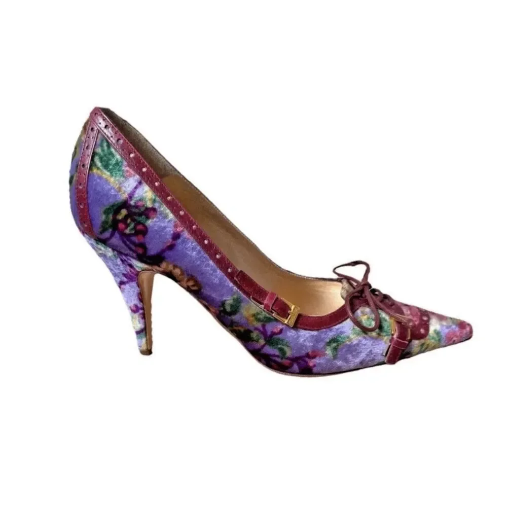 Etro Floral Velvet Pumps Size 38 US 7.5 Boho Y2K Whimsical Italy